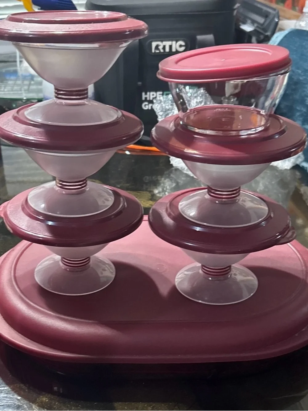 tupperware vintage cranberry colored set
